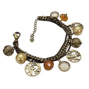 Gold Tone Multi Strand Smoky, Topaz Glass Bead Open Leaf Charm Bracelet E980